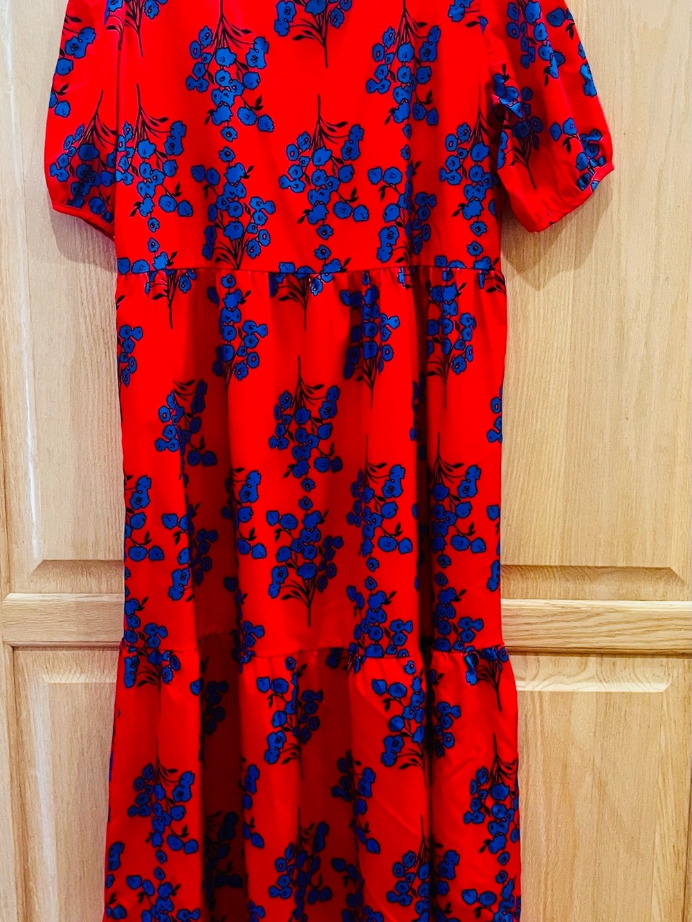 Red Floral Tiered Midi Dress with Cobalt Blue Blossom Print